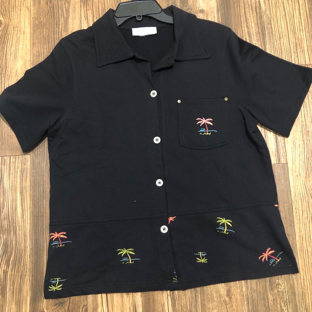Tropical Palms Embroidered Black Top Shirt Women L
